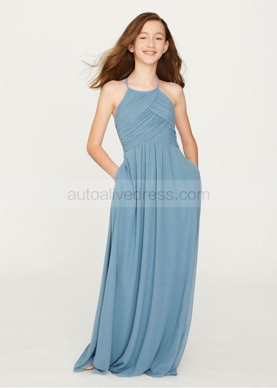 Halter Blue Pleated Chiffon Junior Bridesmaid Dress With Pockets
